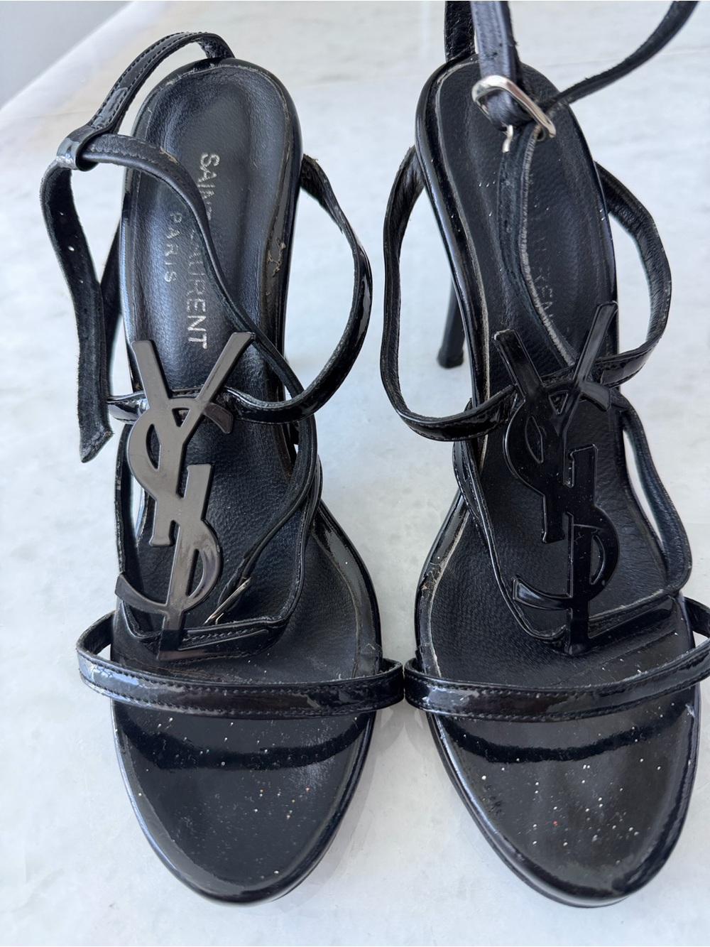 Saint Laurent Black Patent YSL Logo Slingback Heels